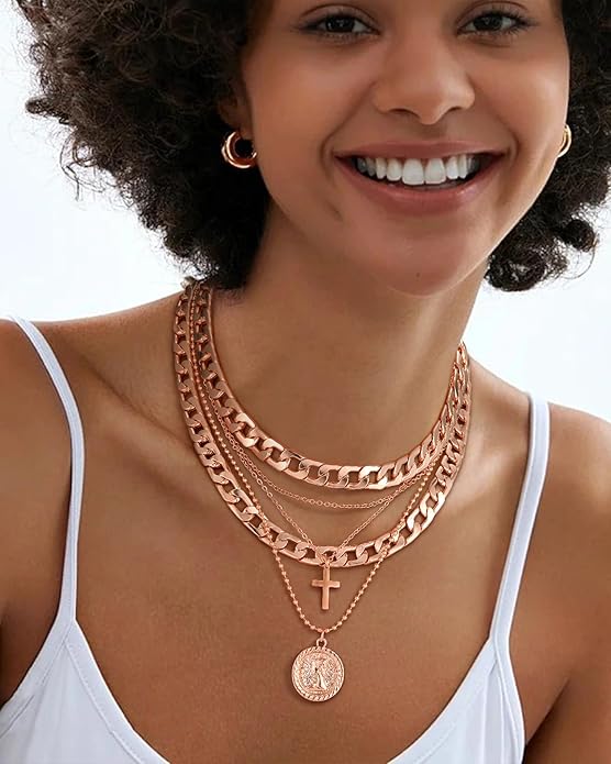 MJartoria Layered Necklaces for Women Trendy Retro Coin Pendant Necklace Dainty Chunky Chain Choker Necklaces for Jewelry Birthday Gifts
