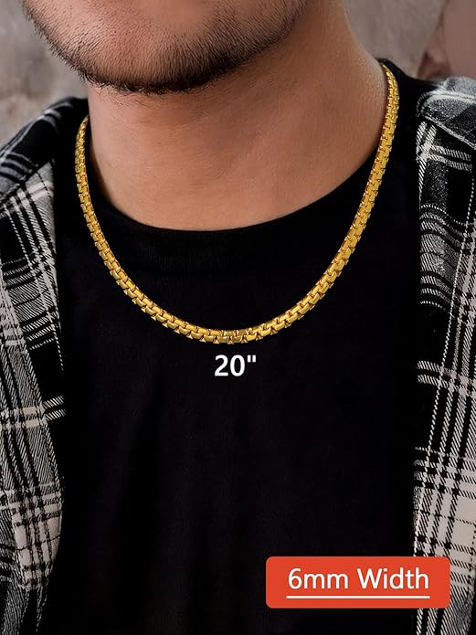 FaithHeart Mens Black/Silver/Gold Stainless Steel Flat Box Link Chain Necklace, Stylish 2/4/6/8mm Width Box Chains Necklaces for Men Non Tarnish Hip Hop Chain Jewelry Gifts,14"-30" Length