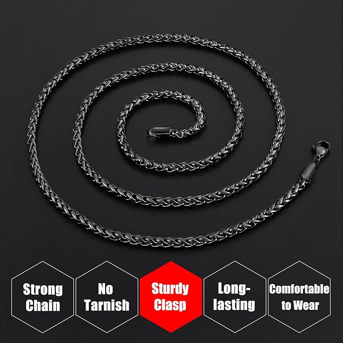 Fiusem Wheat Chains for Men and Women, 2/2.5/3/4/5mm Silver Tone/14K Gold Plated/Black Necklace Chain, Stainless Steel Mens Necklace 16-28 Inch