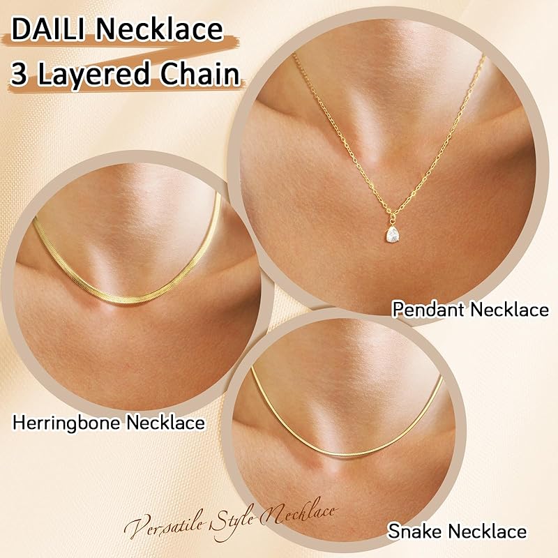 Layered Gold Necklaces for Women,14k Gold Plated Dainty Necklace Stack Set,Non Tarnish Adjustable Stainless Steel Cubic Zirconia Pendant Choker Herringbone Snake Chain Jewelry