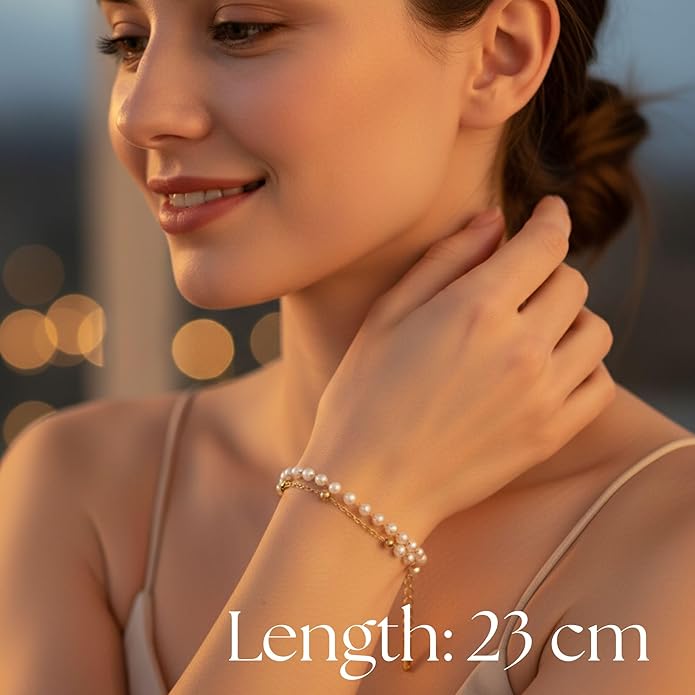 Solza 2 Layer Gold Plated Bracelet – Stainless Steel Adjustable Layered Chain with 3mm Beads, 18K Gold Plated Non Tarnish Jewelry for Women, Elegant Beaded Bracelet Stack for Everyday Wear