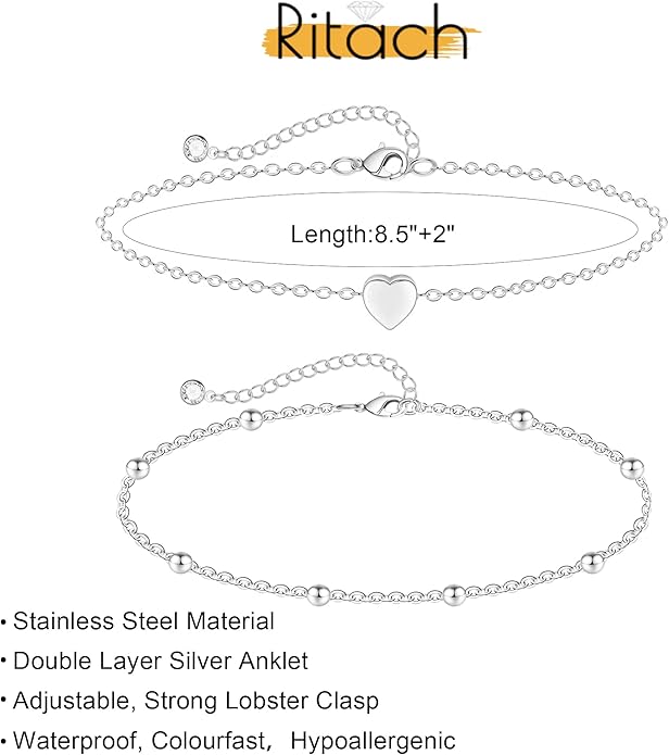 Ritach Ankle Bracelets for Women - Silver/Gold Plated Stainless Steel Anklets for Women Waterproof Layered Cuban Link Figaro Chain Heart Anklets Set Summer Beach Jewelry Gifts
