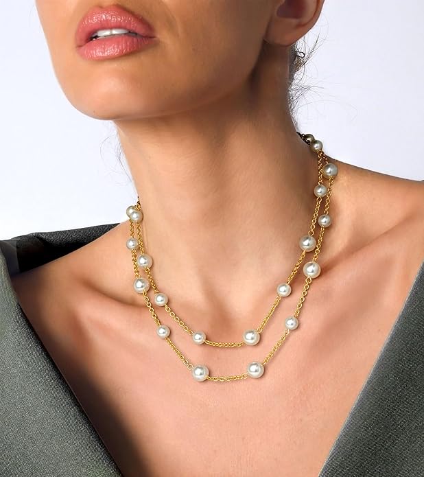 Gold Pearl Necklace for Women, Chunky 18K Gold Plated Layered Choker Chain - Double Layered Pearl Necklace, Trendy Gold Jewelry Birthday Gifts