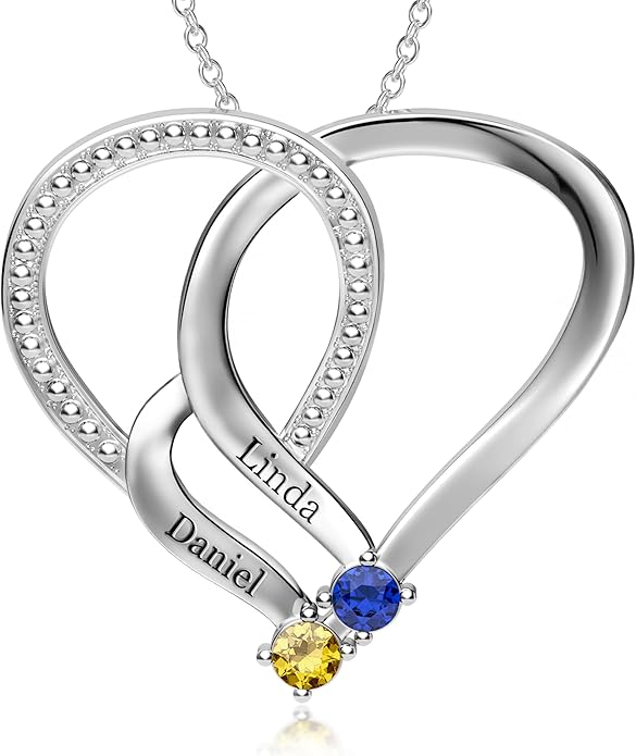 Easycosy Custom Name Necklace with Simulated Birthstones Customized Promise Necklace Heart Pendant with Engraved 2-6 Names - Anniversary Birthday Christmas Jewelry Gifts for Women Wife Mom Grandma