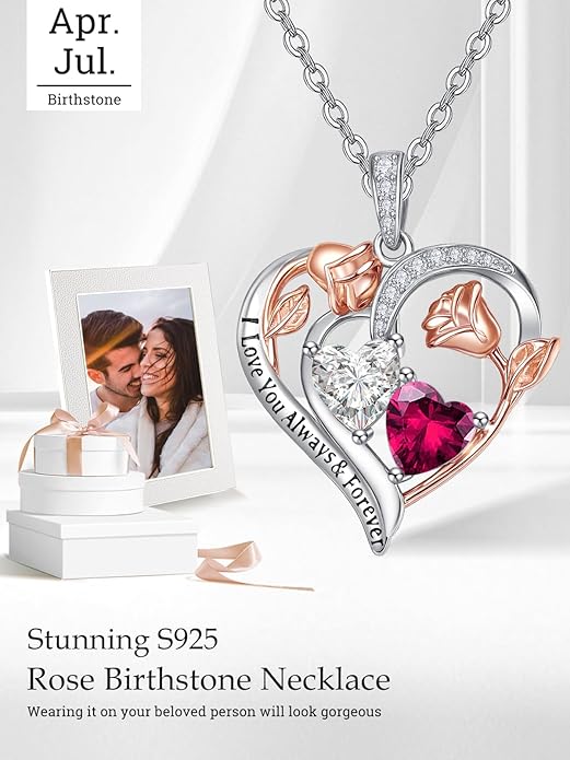 Zeuslia Double Birthstone Necklace Gifts for Wife - 925 Sterling Silver Sunflower/Rose/Crown Cross/Compass/Heart Pendant I Love You Necklace, Anniversary Birthday Gifts for Wife Girlfriend Mom Her