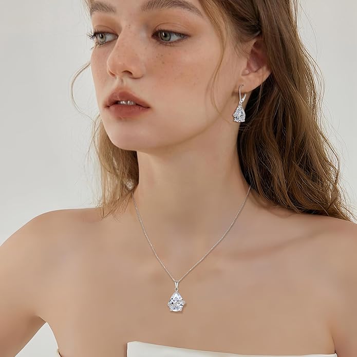 Teardrop Jewelry Set for Women 925 Sterling Silver Cubic Zirconia Necklace Dangle Drop Leverback Earrings April Birthstone Jewelry Gifts for Her