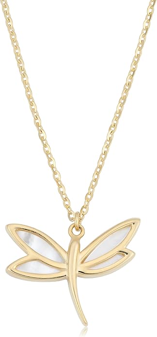 Kooljewelry 14k Yellow Gold Mother of Pearl Dragonfly Necklace (18 inch)