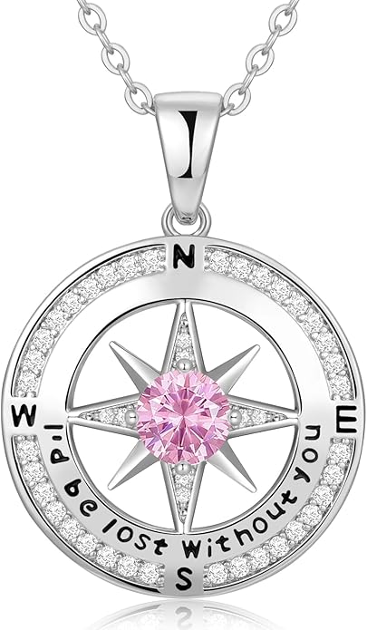 Zifeel Compass Necklace Gifts for Women wife - S925 Sterling Silver Birthstone Necklaces for Women - Anniversary Birthday Gifts for Her Wife Girlfriend - Valentines Mom Mothers Day Christmas Gifts Jewelry for Women