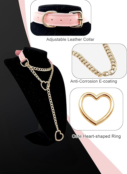 Black Leather Choker Collar For Women, Handmade Heart Slip Chain Choker Long Necklace with Adjustable Buckle
