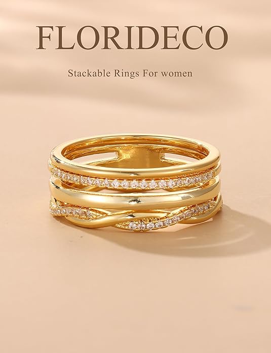 Florideco 14K Gold Plated Stackable Rings for Women Non Tarnish Dainty Cubic Zirconia Ring Set Minimalist Wedding Bands Ring Stack Statement Engagement Promise Thumb Rings Size 5-10