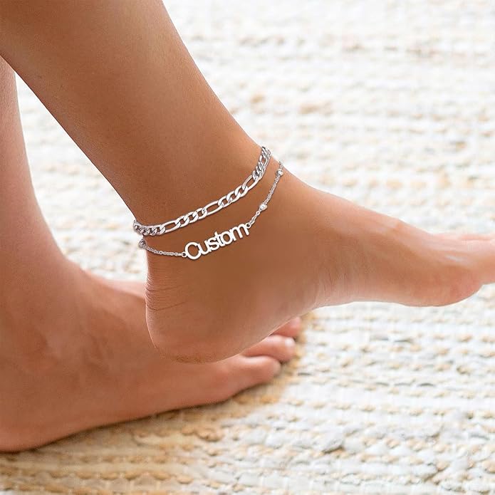 U7 Custom Layered Ankle Bracelets for Women Stainless Steel Bead/Cuban/Figaro/Rope/Wheat Chain Anklet Waterproof Anklet Jewelry for Beach Vacation