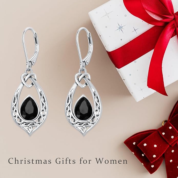Celtic Knot Dangle Earrings 925 Sterling Silver Oxidized Vintage Drop Leverback Earrings with 8 * 6mm Simulated Birthstone Crystal Christmas Jewelry Gifts for Women (Gift Box)