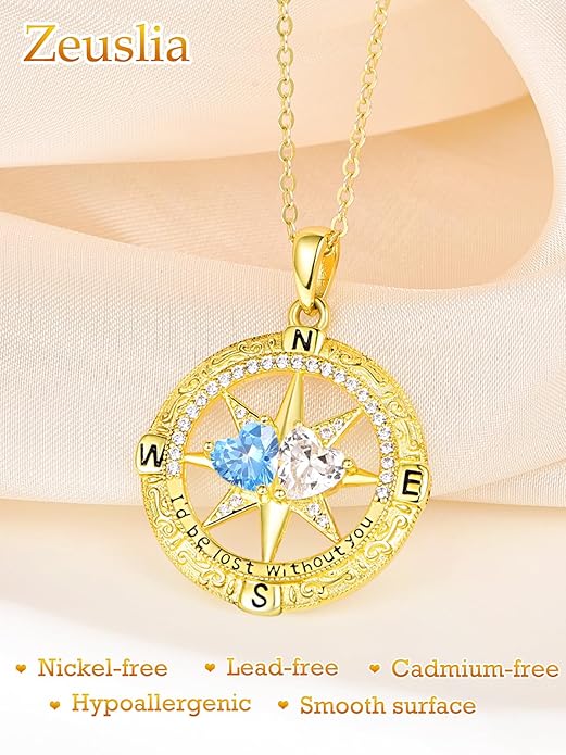 Zeuslia Double Birthstone Necklace Gifts for Wife - 925 Sterling Silver Sunflower/Rose/Crown Cross/Compass/Heart Pendant I Love You Necklace, Anniversary Birthday Gifts for Wife Girlfriend Mom Her