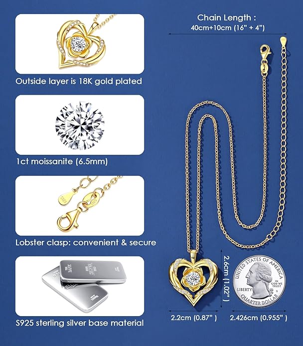 Beam & Bask Rose Flower Heart Moissanite Necklaces for Wife, S925 Silver Pendant for Women, 18K Gold Plated Jewelry for Her Girlfriend Mom for Anniversary Birthday