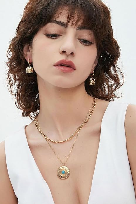 CANEVINKA 18K Gold Plate Coin Pendant Necklace for Women Dainty Compass Sunflower Necklaces Personalized Chain Layered Jewelry