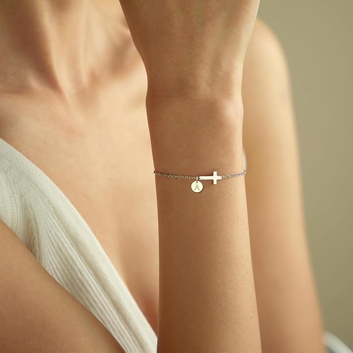 Sotcking Stuffers for Teens, Cross Bracelet for Women Dainty Cross Bracelet with Initials Link Chain Bracelets Christian Gifts for Women Teens Easter Baptism Religious Jewelry