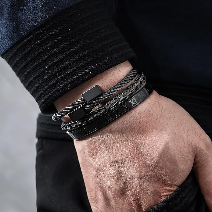 WFYOU 3PCS Stainless Steel Bracelets for Men Gold Roman Numeral Bangle Bracelet Twisted Cable Bracelet Adjustable Cuff Bracelet Mens Luxury Jewelry Bracelets Gifts