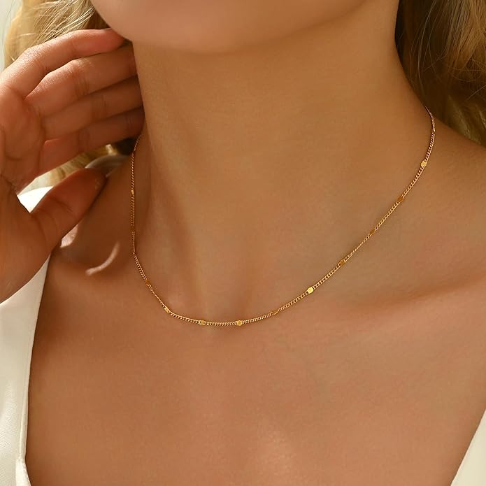 Dainty Chain Necklace for Women, 18K Gold Plated Coin Disc Choker Necklaces Simple Satellite Beaded Twisted Thin Paper Clip Chain Everyday Jewelry Gifts