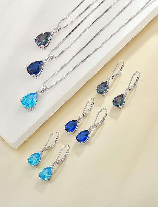 YL 925 Sterling Silver Teardrop Dangle Drop Earrings for Women 7x10 MM Solitaire Birthstone Leverback Jewelry