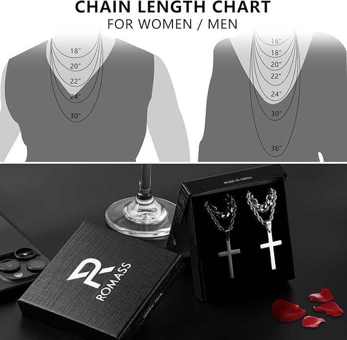 Romass 4Pcs Cross Necklace for Men,Stainless Steel Chains for Men Layered Necklaces Silver Gold Black Pendant Jewelry Box Gifts 18-24 Inches
