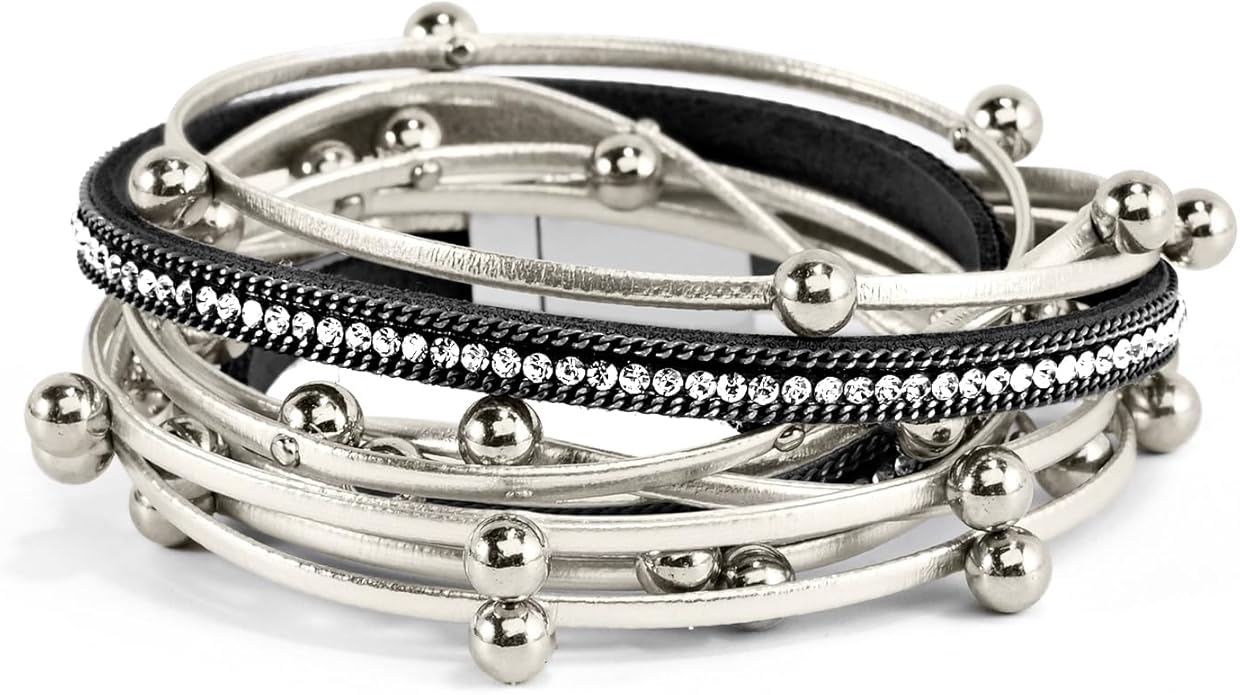 ENGCKSHI Wrapped Bracelets for Women,Leather Bracelet,Boho Bracelets for Women,Multi-Layer Pearl Crystal Bracelet Bangle Jewelry