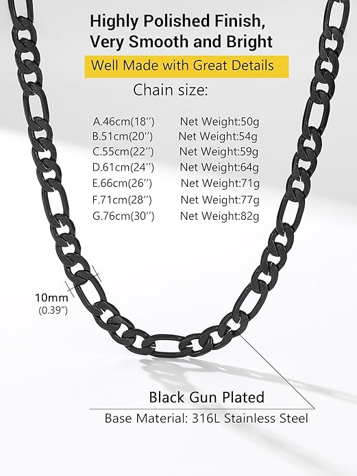 PROSTEEL 316L Stainless Steel Figaro Cuban Chain Necklace for Men, Black/18K Real Gold Plated, 4/5/6/7.5/9/10/13mm, 14inch-30inch, Come with Box