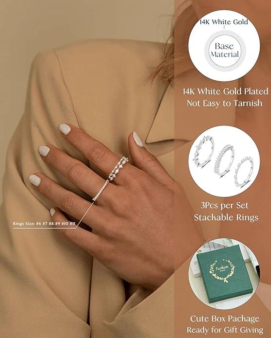 FUNEIA Stackable Silver Gold Rings for Women Non Tarnish 14K Gold Plated Thumb Cubic Zirconia Rings for Women Dainty Pinky Promise Wedding Ring Set Women's Engagement Eternity Band Rings Gold Jewelry