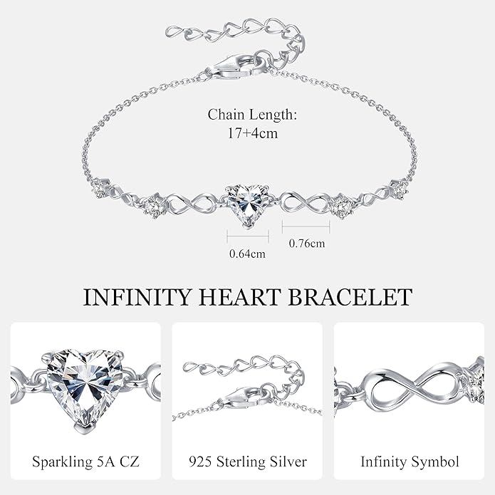 G&GEMSJEW Infinity Heart Birthstone Bracelets for Women, 925 Sterling Silver Women Charm Link Bracelet Adjustable, Birthday Anniversary Christmas Jewelry Gifts for Women Wife Mom Girlfriend Her