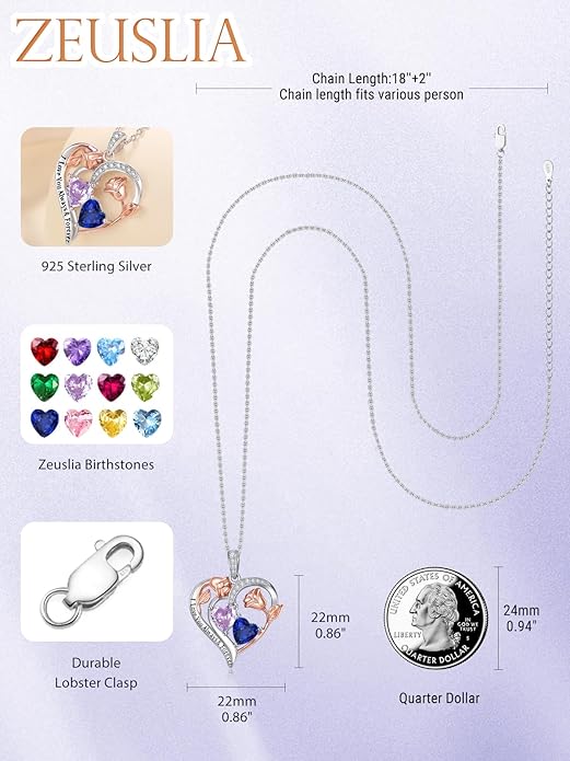 Zeuslia Double Birthstone Necklace Gifts for Wife - 925 Sterling Silver Sunflower/Rose/Crown Cross/Compass/Heart Pendant I Love You Necklace, Anniversary Birthday Gifts for Wife Girlfriend Mom Her