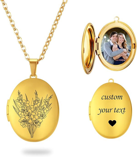 PHOCKSIN Personalized Locket Necklace for Women Photo Necklace with Customized Picture Birth Flower Birthstone New Years Gifts for Women