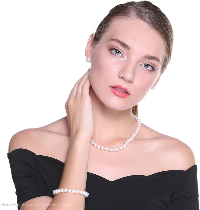 VIKI LYNN Freshwater Cultured Pearl Necklace Set Includes Stunning Bracelet and Stud Earrings Jewelry for Women Gift for Mother's Day, Anniversary, Birthday, Wedding
