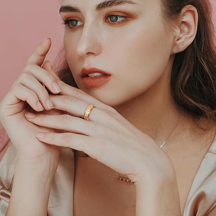 AmorArtSky Anxiety Ring for Women Men, Titanium Stainless Steel Spinner Ring, 5 Colors, 6MM, Size 6-10, 3 Styles Anxiety Ring-Moon Star, Sandblasted Finished, Hollow Outer