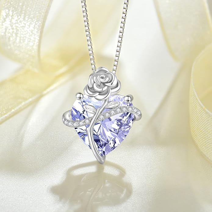 Birthstone Necklace for Women 925 Sterling Silver Love Heart Rose Flower Necklace Dainty Jewelry Gifts for Women Wife Girlfriend Mother Daughter Her