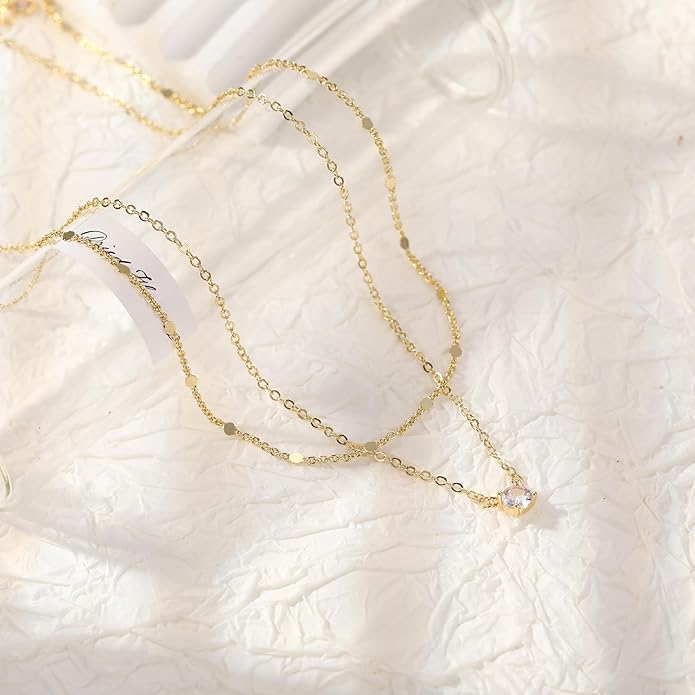 Layered Gold Necklace for Women Trendy 14K Gold Plated Heart CZ Pendant Layered Gold Necklaces Set Coin Choker Necklaces Simple Circle Cubic Zirconia Pearl Necklace Stack Herringbone Paperclip Chain Jewelry Set