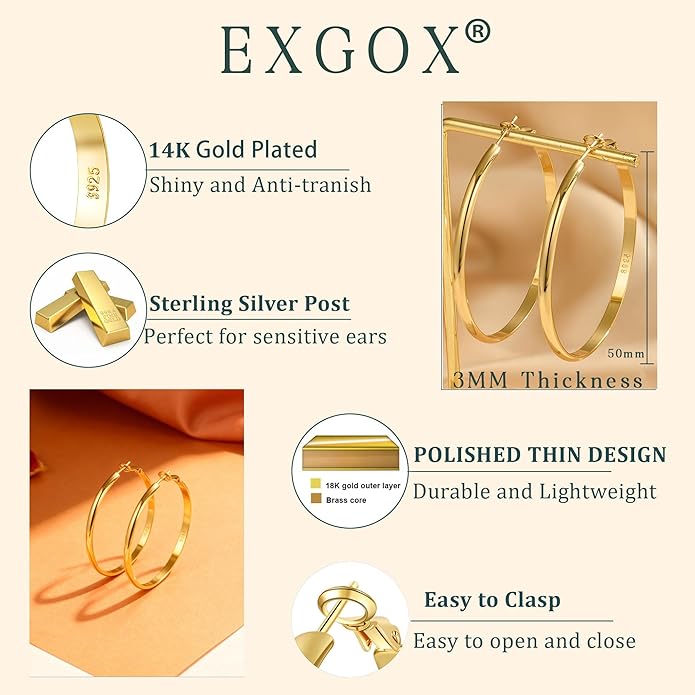 EXGOX 5mm Wide Gold Hoop Earrings for Women,Sterling Silver Hoop Earrings Large Silver Hoop Earrings Hypoallergenic Lightweight 14K Real Gold Plated Big Hoop Earrings for Women 30/40/50/60/70mm