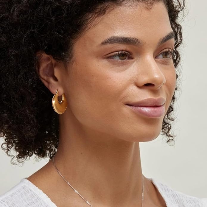 8YEARS Chunky Gold Hoop Earring for Women, 18K Gold Plated Lightweight Thick Hoops, Hypoallergenic Trendy Jewelry for Gift