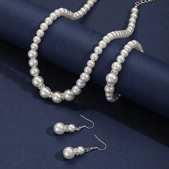 la luen Pearl Bride Wedding Jewelry Set Faux Pearls Crystal Rhinestone Necklace Earrings Bracelet Sets for Women Bridesmaid(3 PCS)