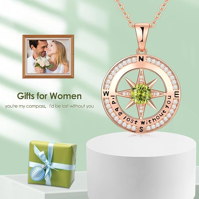 Zifeel Compass Necklace Gifts for Women wife - S925 Sterling Silver Birthstone Necklaces for Women - Anniversary Birthday Gifts for Her Wife Girlfriend - Valentines Mom Mothers Day Christmas Gifts Jewelry for Women