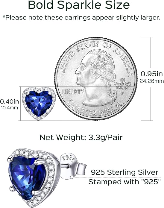 ChicSilver 925 Sterling Silver Birthstone Earrings for Women, 8MM/2 Carat Heart & Round Cubic Zirconia Stud Earrings, Hypoallergenic Jewelry, Ideal Birthday or Christmas Gifts