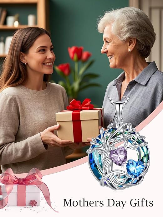 TOUPOP s925 Sterling Silver Family Celtic Tree of Life Pendant Necklaces with 2 Heart Birthstone with Blue Austrian Crystal Jewelry Birthday Anniversary Christmas Gifts for Her Wife Girlfriend Mom (18K Real White Gold Filled)