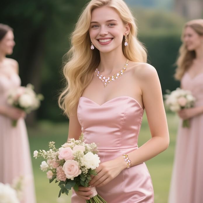 BriLove Wedding Bridal Jewelery for Women Austrian Crystal Teardrop Cluster Statement Necklace Dangle Earrings Link Bracelet Set