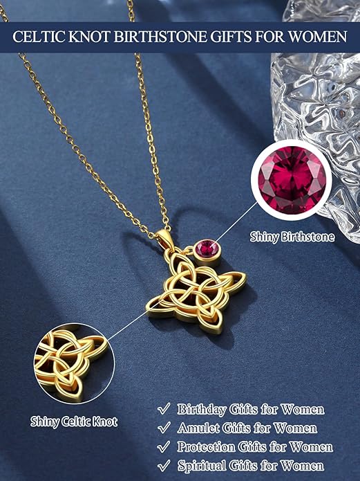 Witches Knot Necklace for Women, 14K Gold Celtic Knot Cross Jewelry with Triquetra Trinity with Birthstone Pendant, Birthday Witchy Spiritual Gifts for Her Wife Mom Grandma, 18+2 Inch Chain