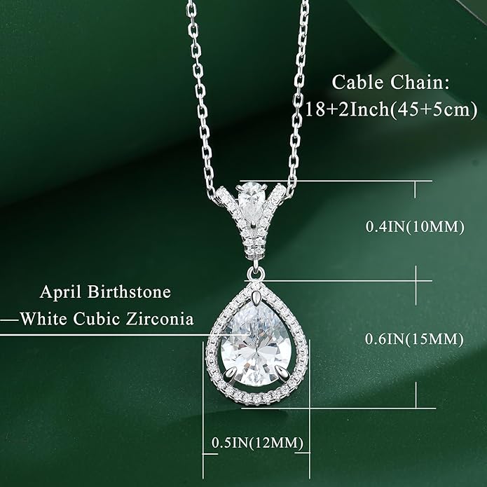 Birthstone Necklace 925 Sterling Silver Tear Drop 5A Cubic Zirconia Pendant Necklace Jewelry Birthday Gifts for Women