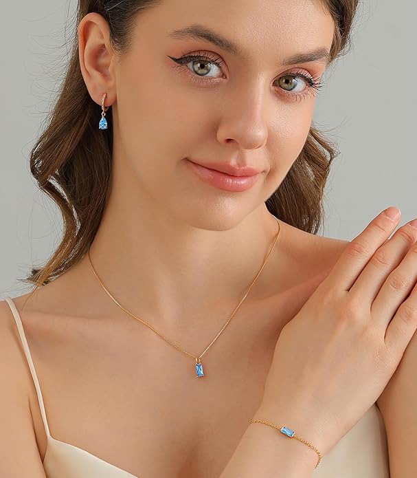 Birthstone 14K Gold Plated Bracelets Earrings Necklaces Jewelry Set， Blue Green May Cubic Zirconia，Friendship Bracelets Jewelry Gifts for Mom Best Friend Birthday