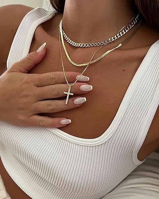 Layered Gold Silver Necklace for Women Non Tarnish,Dainty Choker Statement Chunky Necklace Stack Charm Pendant Chain Necklace Set 14K Gold Plated Long Stacked Womens Necklaces Trendy Jewelry Gift