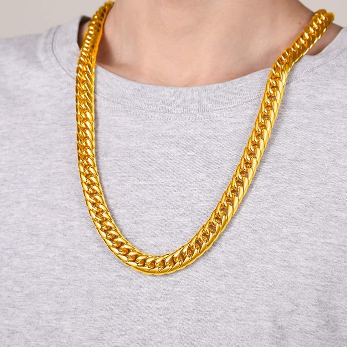 FindChic Men Curb Chain Necklace 18K Gold Plated/Stainless Steel/Black Chunky Double Tight Cuban Link Hip Hop Neck Chains for Men Boys 3.5MM/5MM/6MM/7MM/9MM/12MM 14''-30'' 8 Length Options (Send Gift Box)
