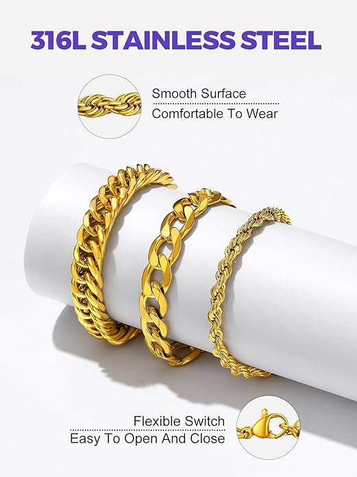 Richsteel 2PCS/3PCS Bracelets Chain for Men Women Stainless Steel Silver/Gold/Black Cuban/Rope Link Chain Bracelets Set, 7.4/8.2/9 Inch Hand Chain Length for Men Women Jewelry