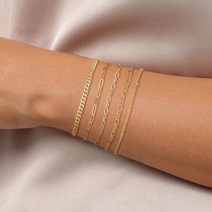 DEARMAY 14K Gold Plated Bracelets for Women Waterproof, Jewelry Sets Trendy Thin Dainty Stackable Cuban Link Paperclip Chain Bracelet Pack Fashion Accessories Gifts for Womens