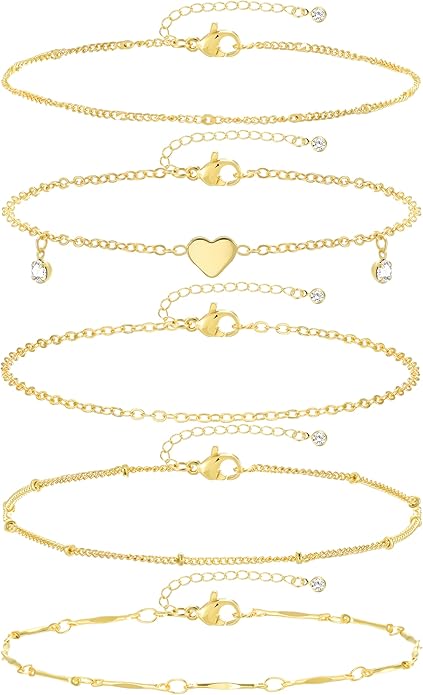 iF YOU Gold Ankle Bracelets for Women, 14k Gold Plated Waterproof Cuban Link Chain Anklets Set, Layered Anklet Bracelets for Women Beach Gift Adjustable Size 5pc
