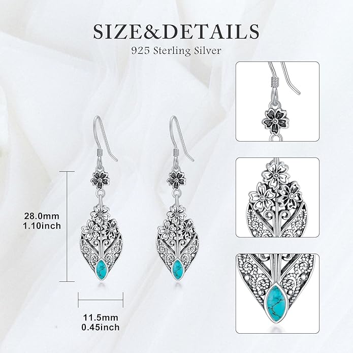 Vintage Floral Filigree Marquise Cut Gemstone Drop Earrings, 925 Sterling Silver Antique Dangle Earrings, Boho Jewelry Gift for Women